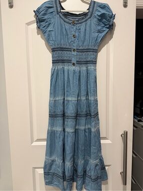 Girls Light Blue Tiered Cotton Dress with Smocked Waist